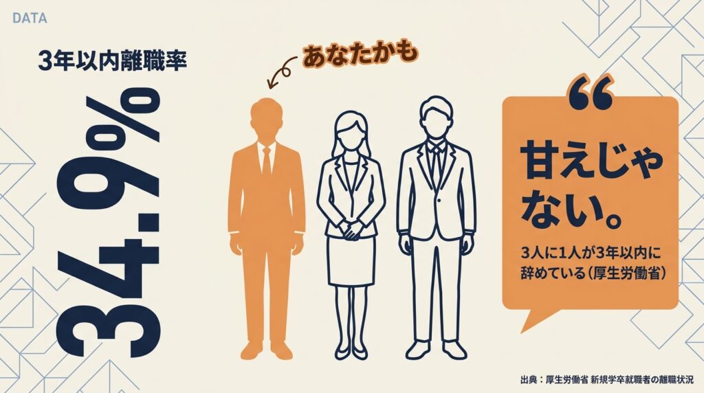 新卒の3年以内離職率34.9%を示す図解。3人のうち1人が辞めている現実と「甘えじゃない」のメッセージ