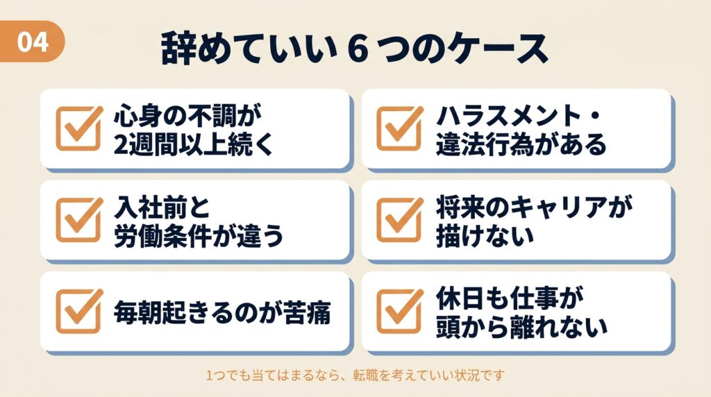 新卒でも仕事を辞めていい6つのケースのチェックリスト。心身の不調・ハラスメント・労働条件相違・キャリア不安・朝の苦痛・休日も仕事