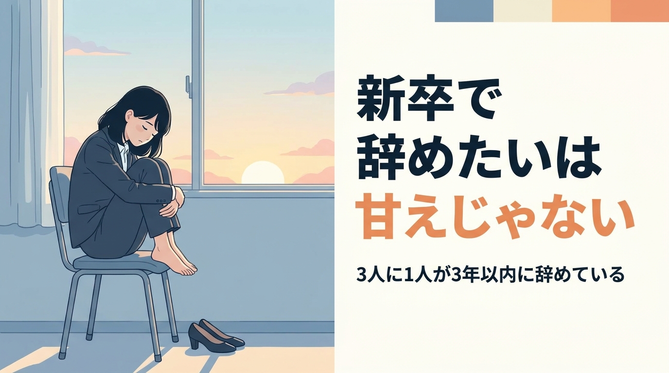 新卒で辞めたいは甘えじゃないと書かれた記事のアイキャッチ画像。スーツ姿の若い女性が窓辺の椅子で膝を抱えている