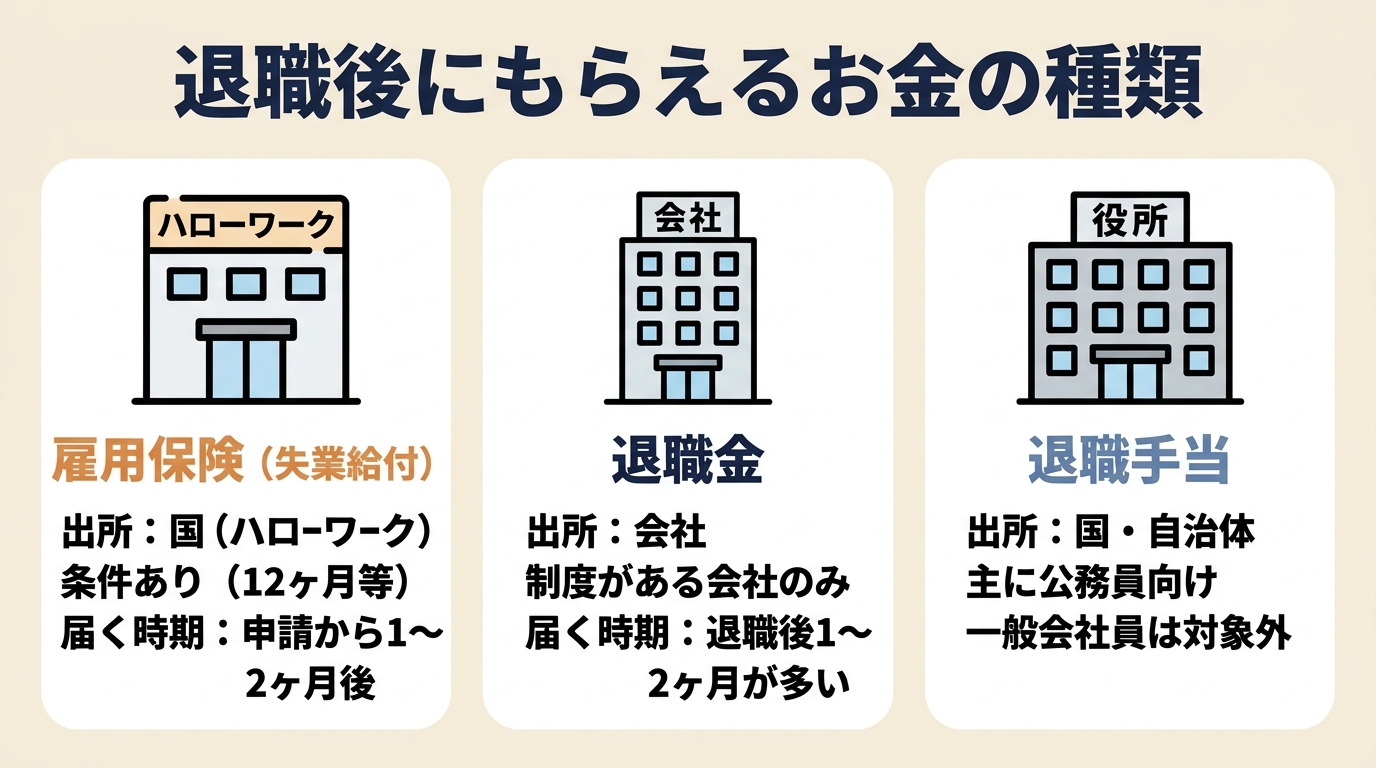 退職後にもらえるお金3種類の比較。雇用保険(失業給付)は国・条件あり・申請から1〜2ヶ月、退職金は会社・制度がある会社のみ・退職後1〜2ヶ月、退職手当は国や自治体・主に公務員向け