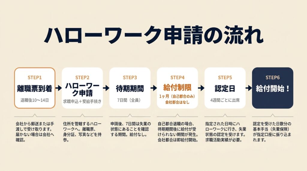 ハローワーク雇用保険申請の6ステップ。STEP1離職票到着(退職後10〜14日)→STEP2ハローワーク申請→STEP3待期期間7日→STEP4給付制限1ヶ月(自己都合のみ)→STEP5認定日(4週間ごと)→STEP6給付開始