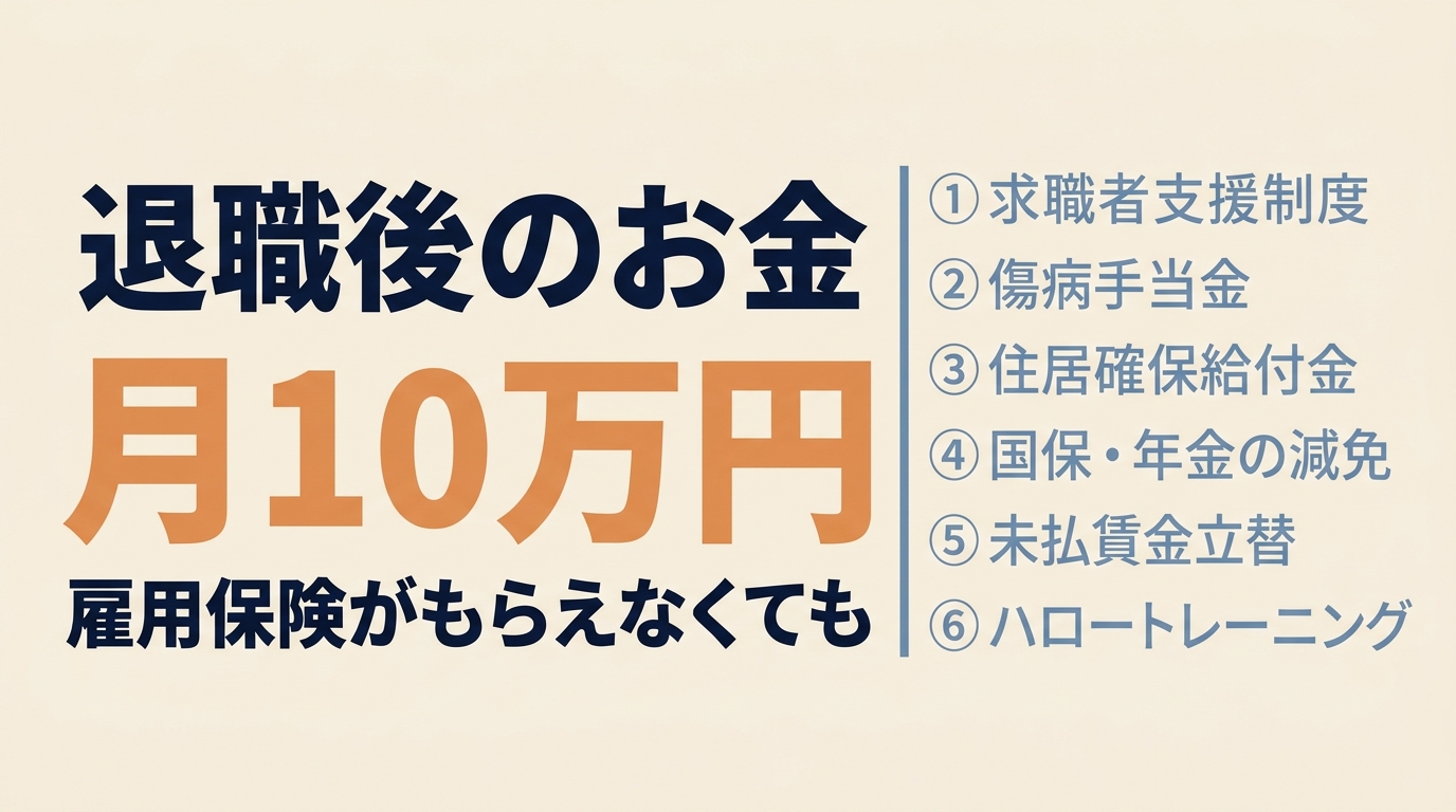 雇用保険がもらえなくても退職後に月10万円の支援を受けられる6つの制度(求職者支援制度・傷病手当金・住居確保給付金・国保年金減免・未払賃金立替・ハロートレーニング)の一覧