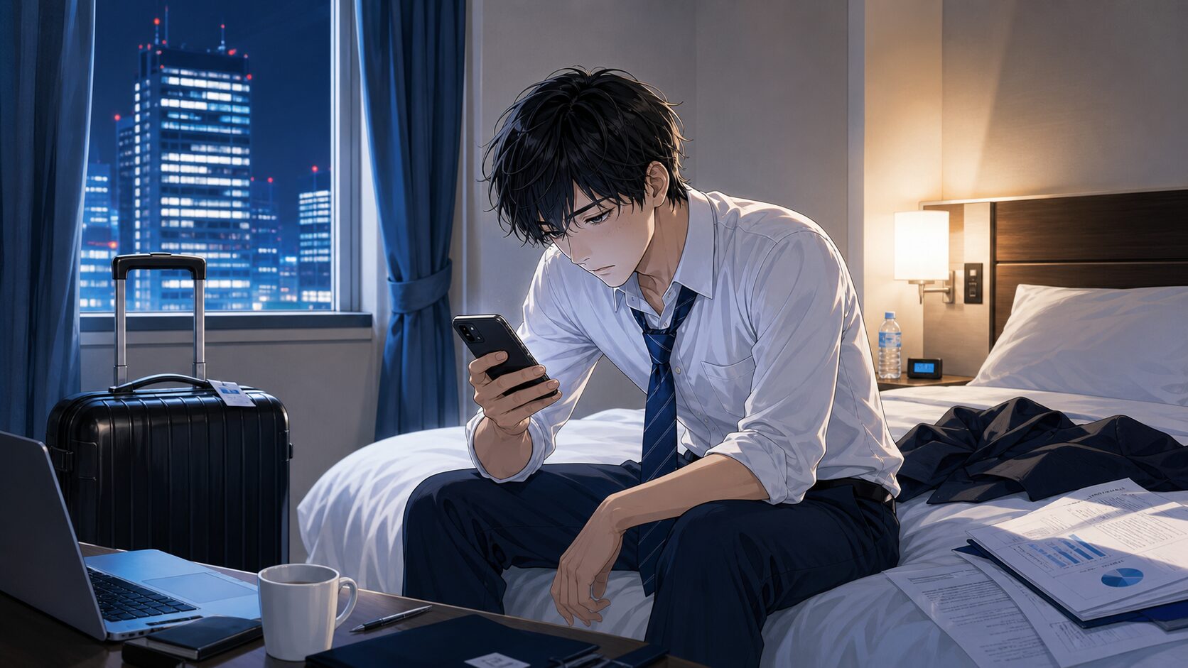 出張先のホテルで疲れ切った表情でスマホを見る20代男性のイラスト