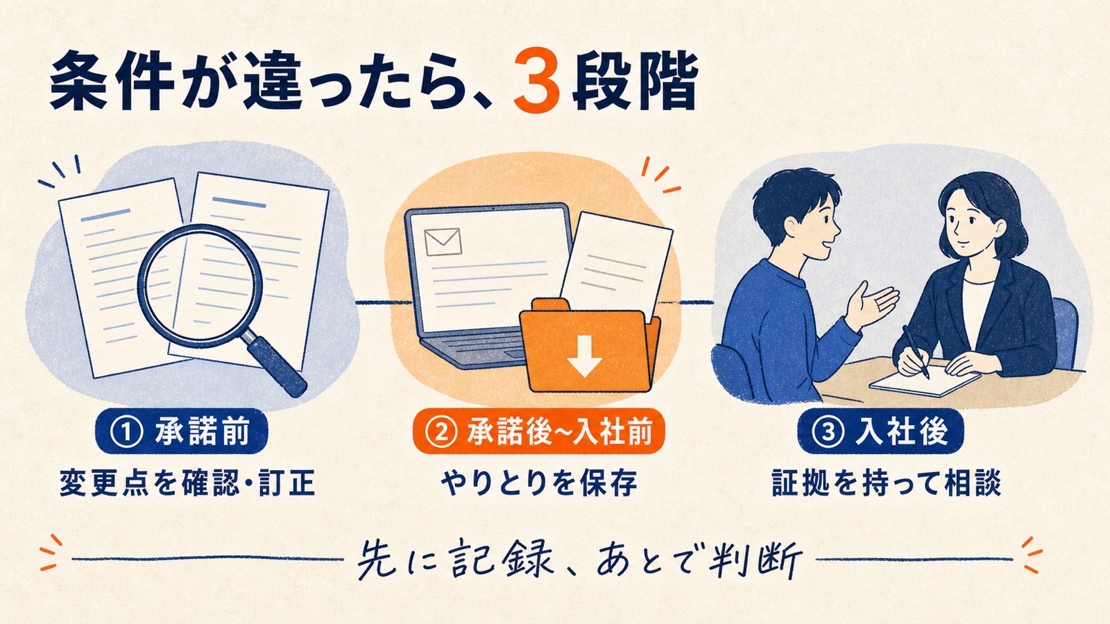 求人票と書面が違うときの承諾前・承諾後・入社後の段階別対処法と相談先の図解
