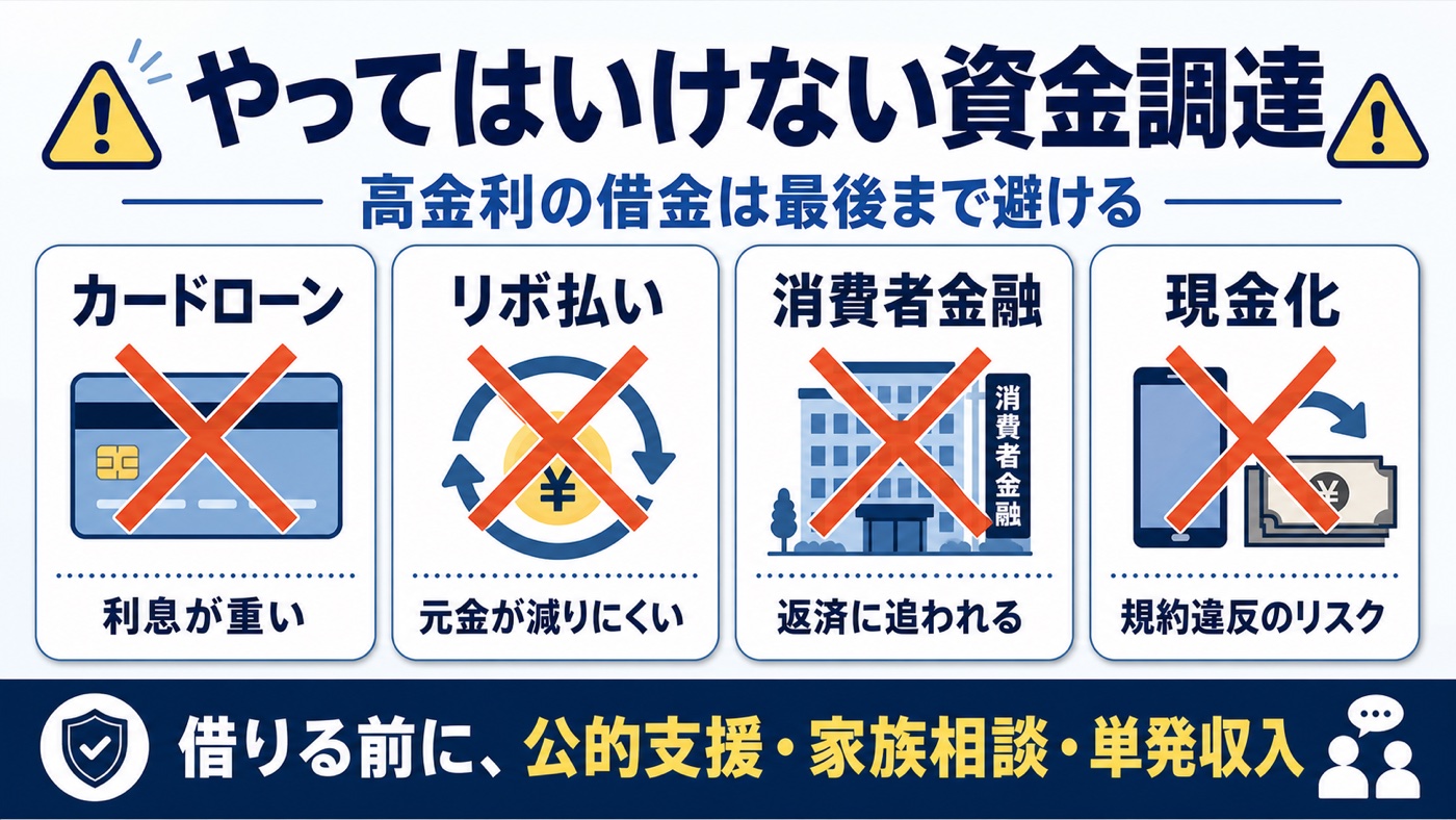カードローン・リボ払い・消費者金融・現金化などやってはいけない資金調達の図解