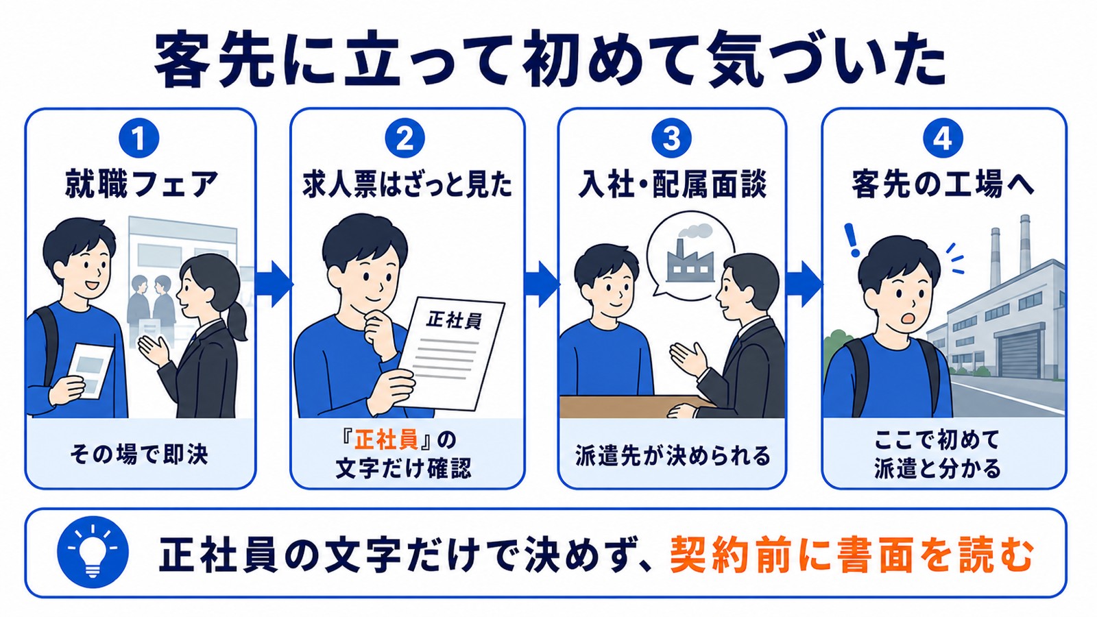 就職フェアで即決し客先に立って派遣と気づいた体験談を示す図
