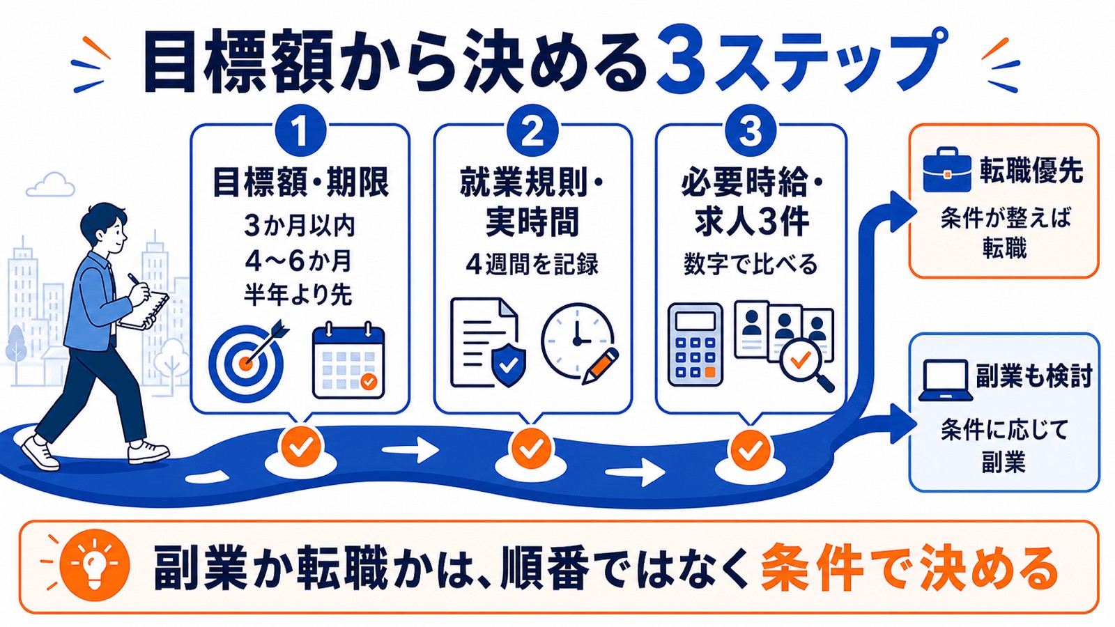 目標額から決める3ステップ。①目標額と期限(3か月以内・4〜6か月・半年より先)②就業規則と4週間の実時間 ③必要な時給と求人3件