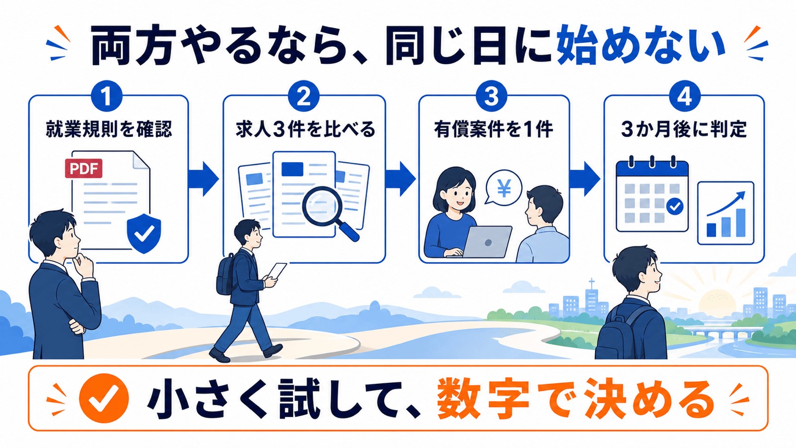 就業規則の確認、求人3件の比較、有償案件1件、3か月後の判定を順に行うロードマップ。