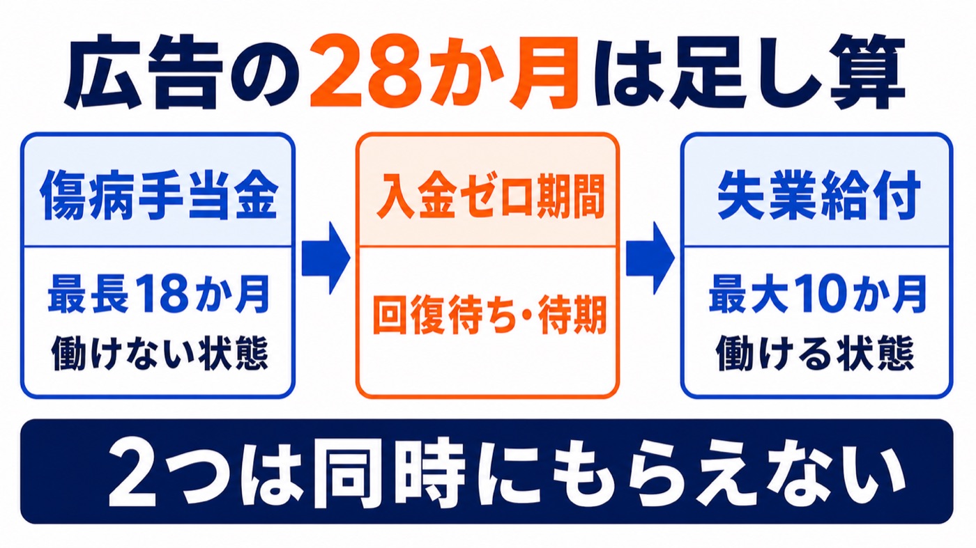 最大28か月の内訳。傷病手当金1年6か月と失業給付300日は同時ではなく順番に受け取る