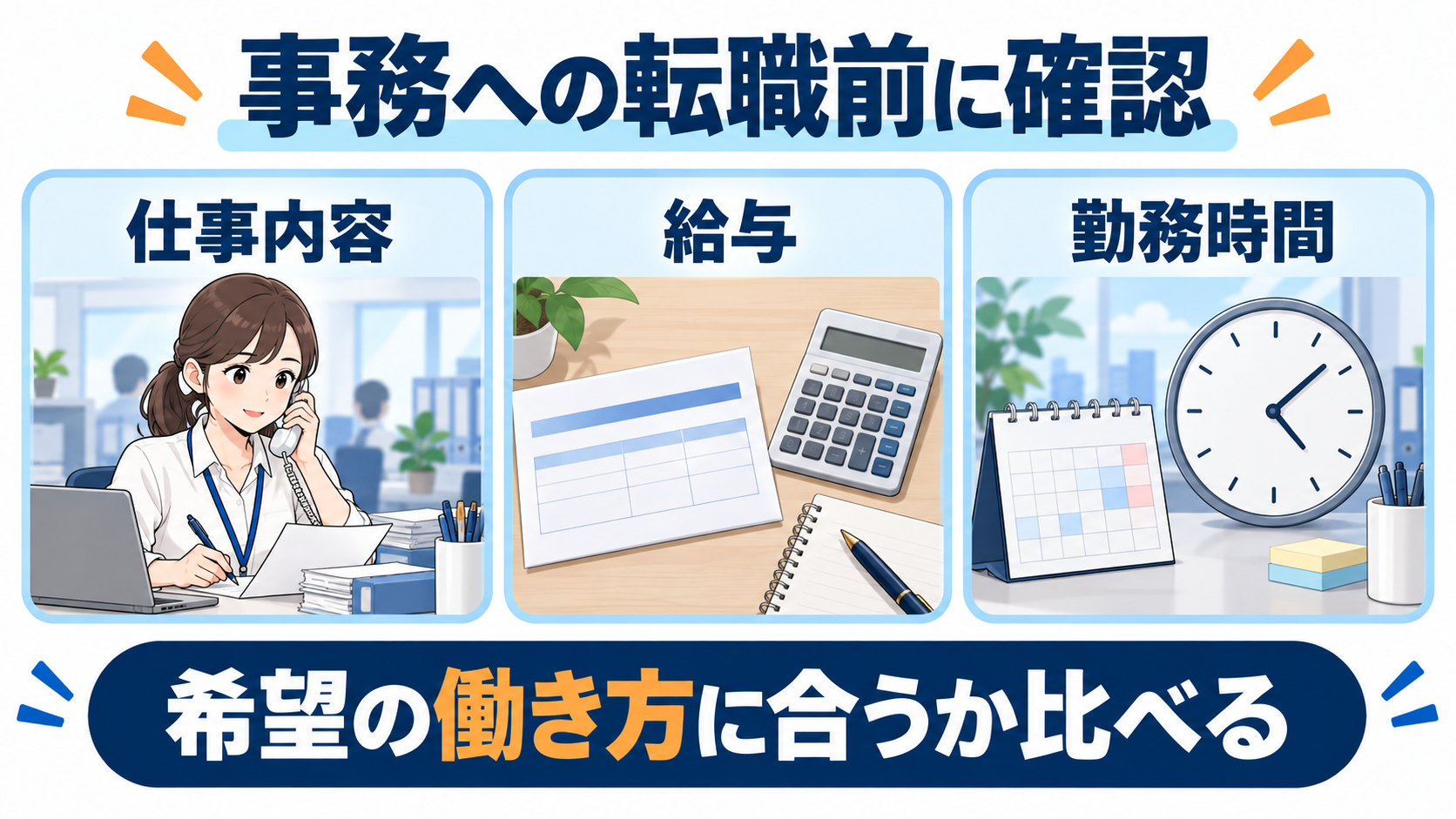 仕事内容・給与・勤務時間を比べ、事務への転職で希望する働き方に近づけるか確認する