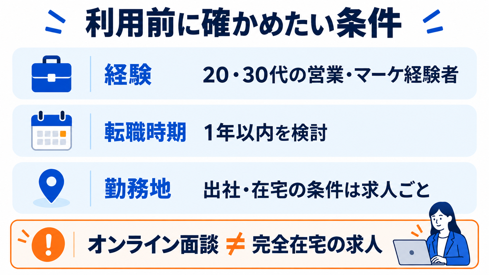 面談対象の経験と転職時期、求人ごとに確認する勤務地の条件