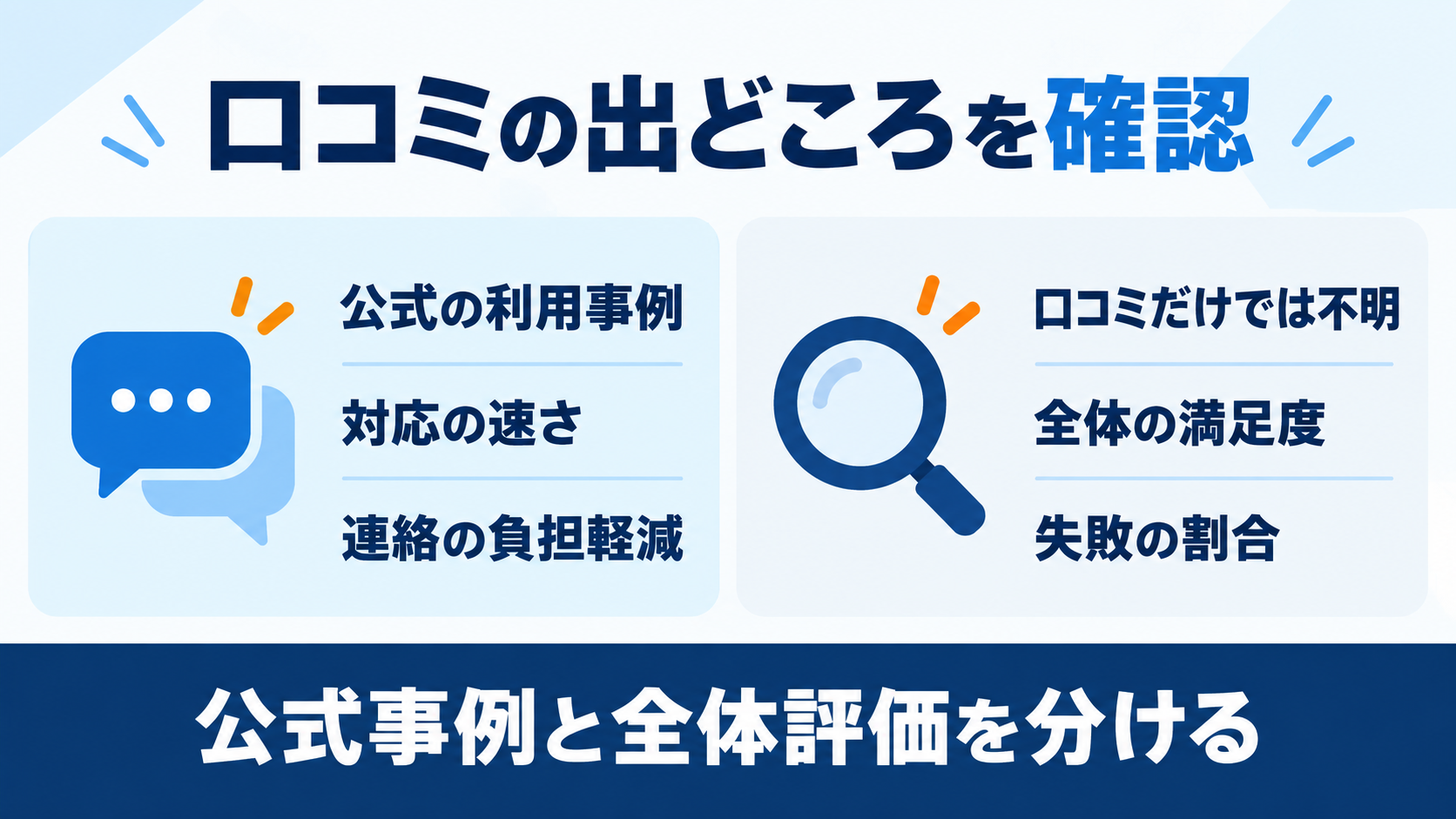 公式掲載の口コミから分かる点と、利用者全体の評価としては分からない点の比較。