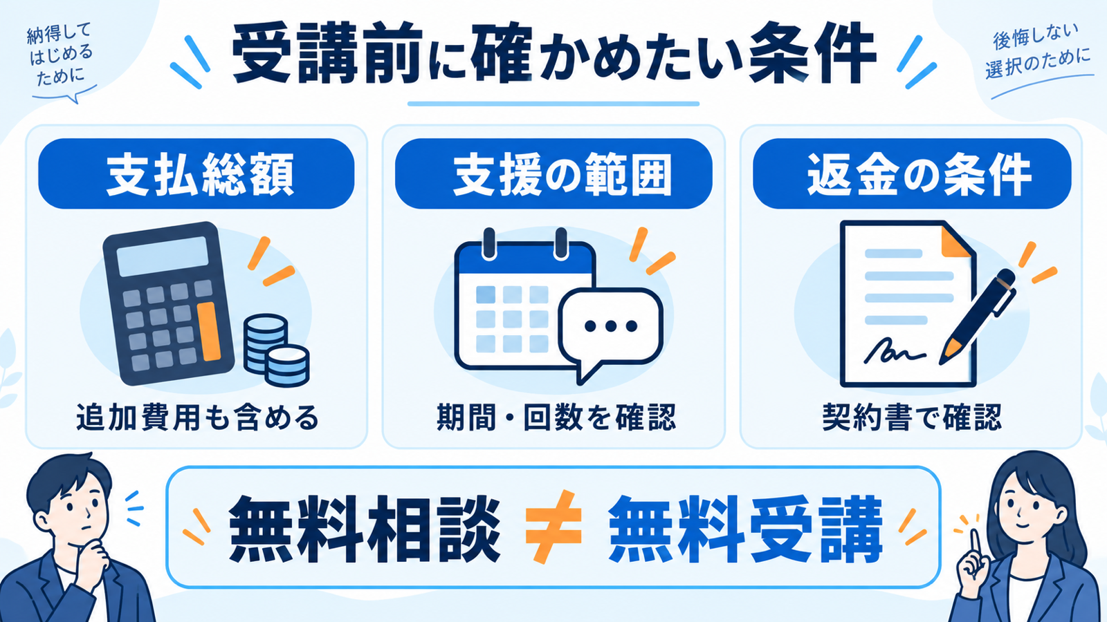 受講前に支払総額、支援の範囲、返金条件を確認する。無料相談と無料受講は異なる