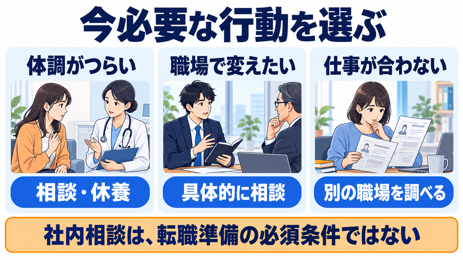 体調の相談・職場への相談・別の仕事の調査から、状況に合う行動を選ぶ図